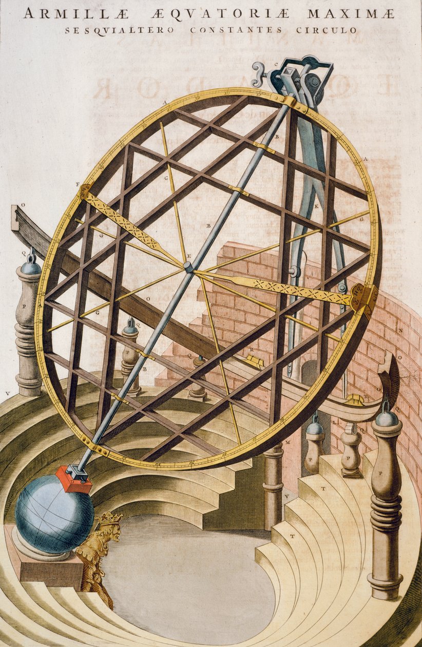 Grande esfera armilar equatorial desenhada por Tycho Brahe, ilustração de Le grand atlas ou Cosmographie blaviane (Atlas Maior), de Joan Blaeu, gravura, Holanda de Joan Blaeu