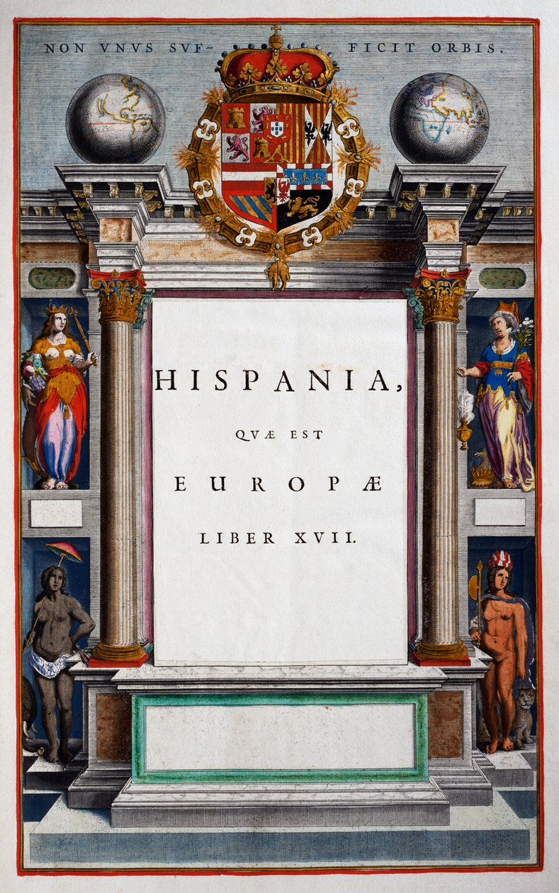 Hispania quae est Europae, Livro XVII, folha de rosto do Volume IX, de Atlas Maior, atlas em 11 volumes, de Joan Blaeu (1596-1673), gravura em cobre, 57,5x39 cm, Amsterdão de Joan Blaeu