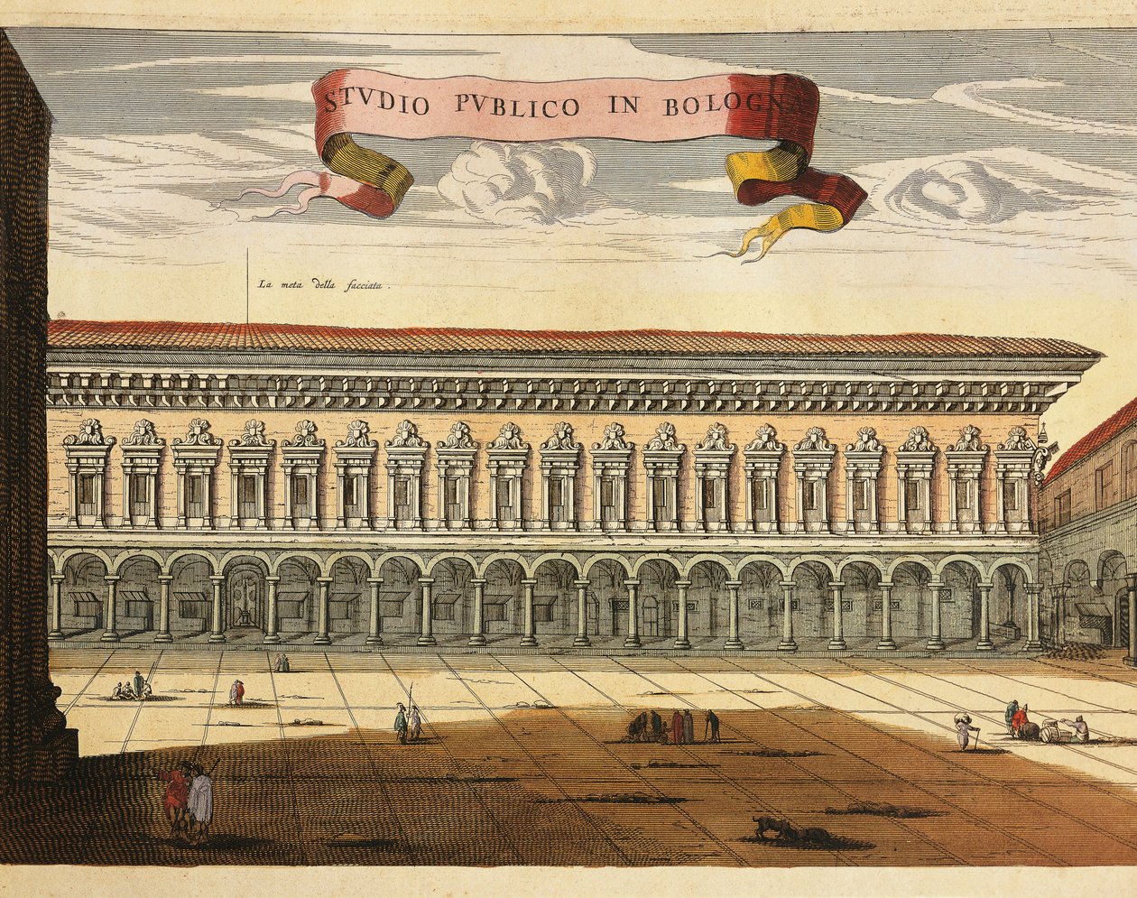 Itália, Bolonha, Vista do Estudo Público (Studio Pubblico) em 1600, gravura do Theatrum Civitatum et Admirandorum Italiae de Jean Blaeu, Amsterdam de Joan Blaeu