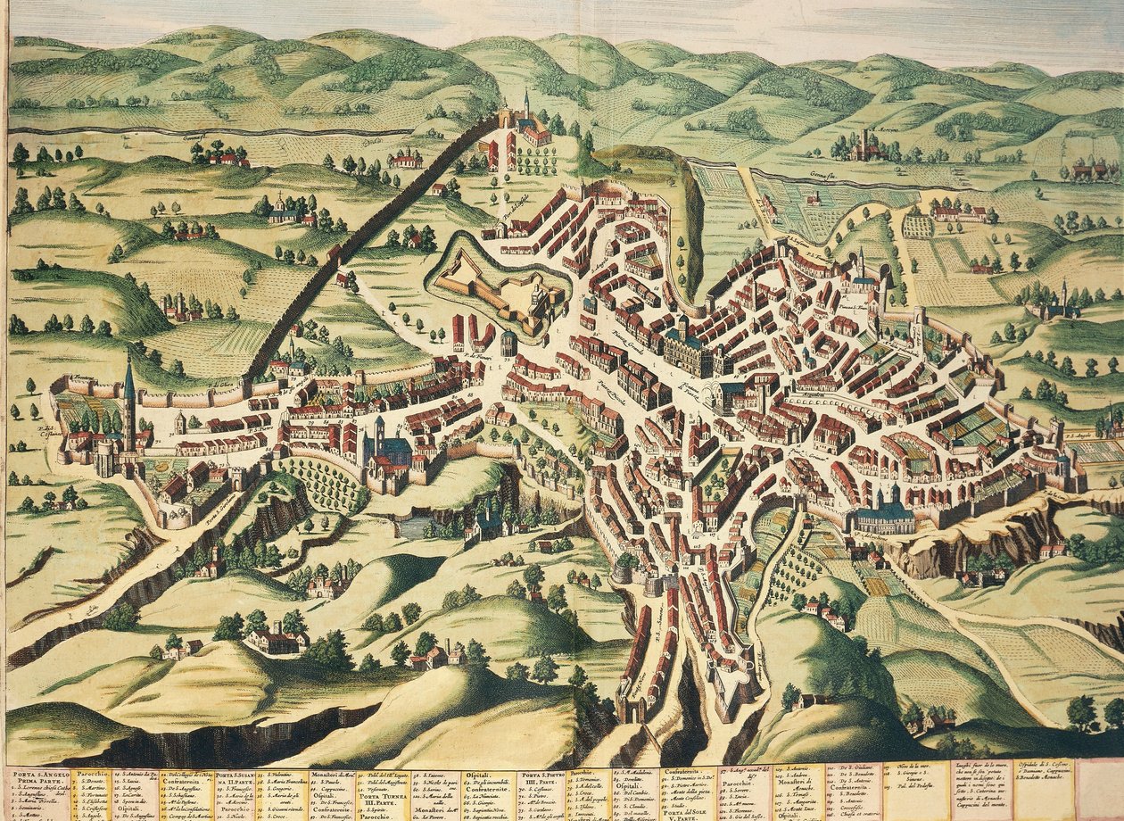 Itália, Perugia, Umbria, mapa, gravura do Theatrum Civitatum et Admirandorum Italiae de Joan Blaeu de Joan Blaeu