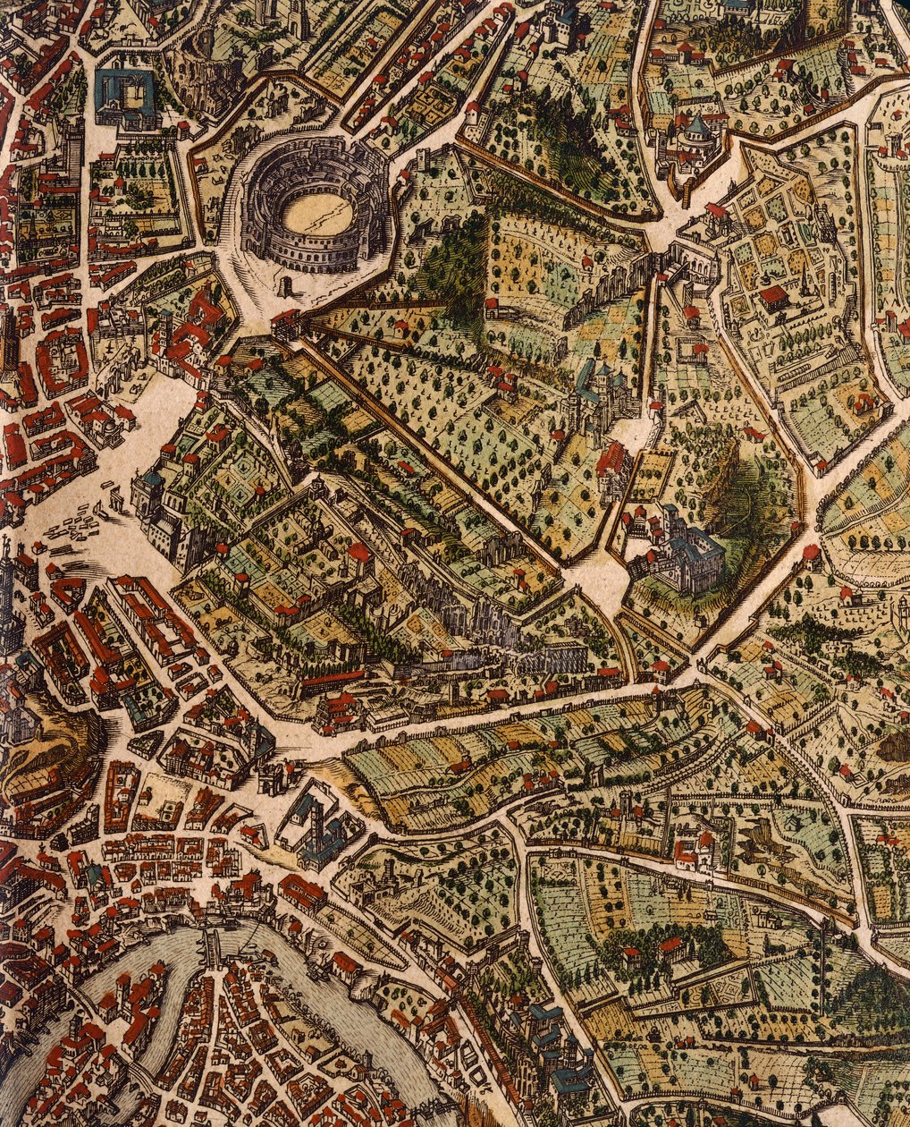 Mapa de Roma, de Joan Blaeu (1596-1673), impressão do Theatrum Civitatum et Admirandorum Italiae, ad Aevi Veteris et Praesentis Temporis Faciem Expressum, Itália de Joan Blaeu
