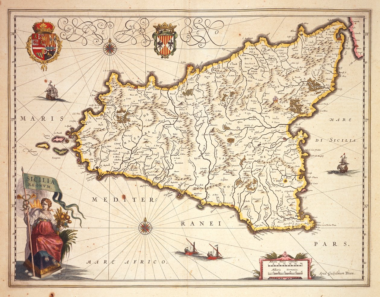 Mapa da região da Sicília, por Joan Blaeu de Joan Blaeu