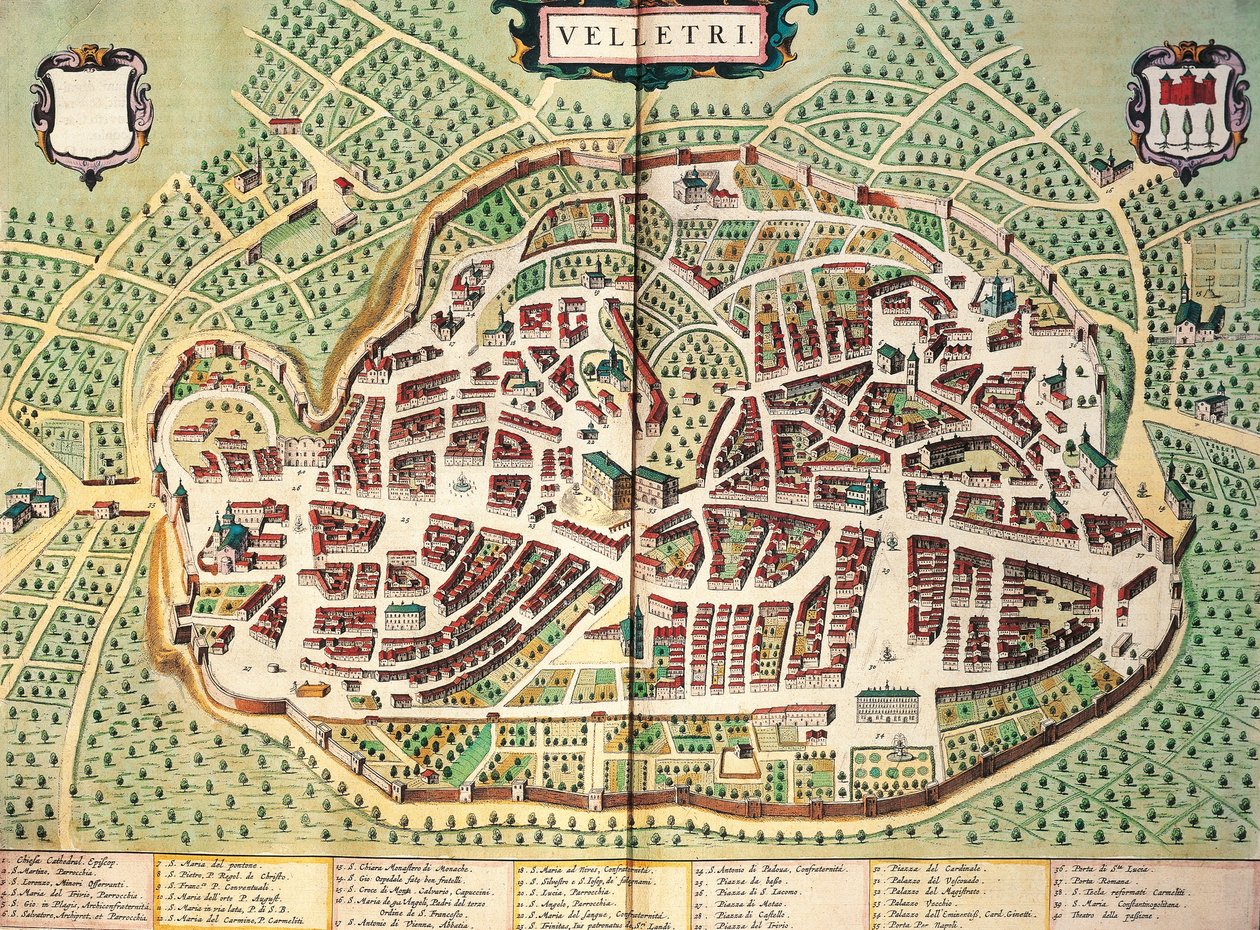 Mapa de Velletri por Joan Blaeu, do Theatrum civitatum et admirandorum Italiae, engarrafando de Joan Blaeu