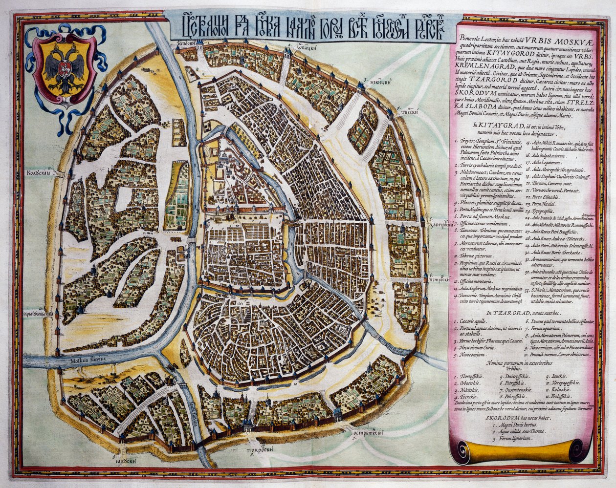 Moscovo, segundo volume, página de rosto da Parte I, de Atlas Maior, atlas em 11 volumes, de Joan Blaeu (1596-1673), gravação em cobre, 57,5x39 cm, Amesterdão de Joan Blaeu
