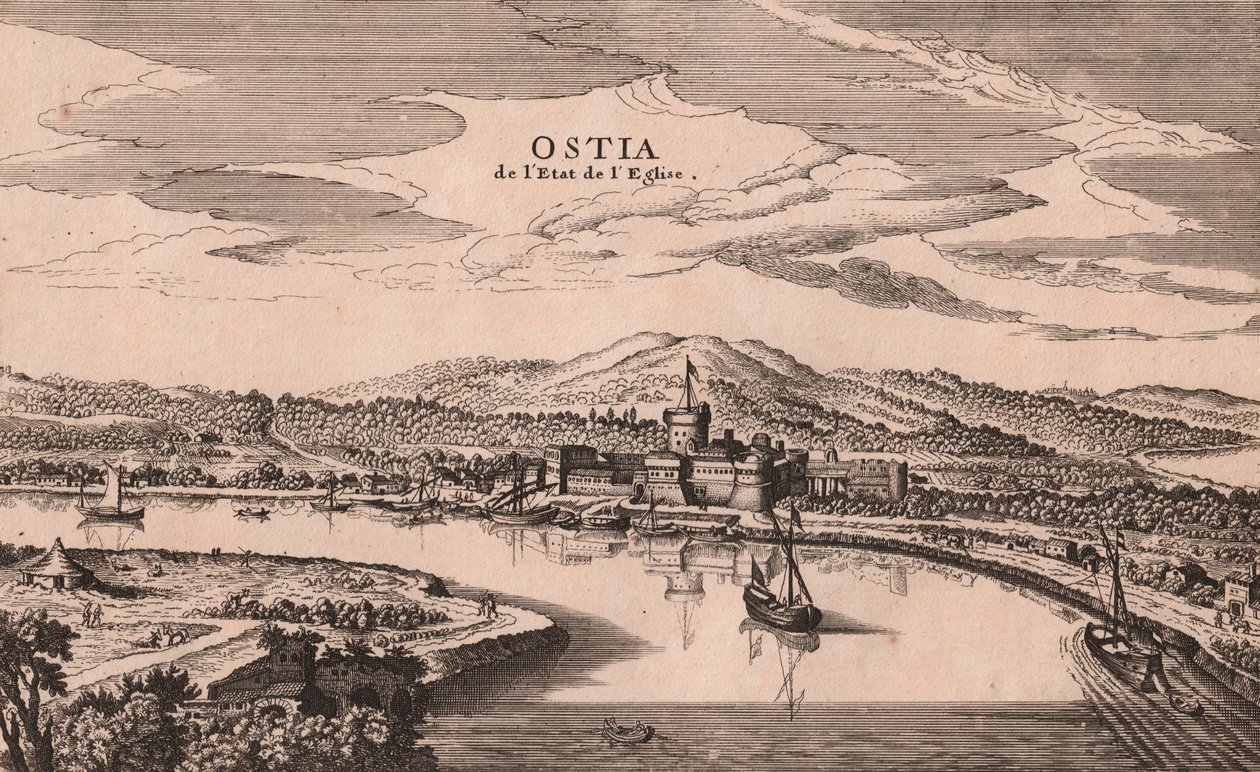 Vista panorâmica da cidade e do porto de Óstia, Lácio, Itália, gravura em cobre, cerca de 278x173 cm de Joan Blaeu