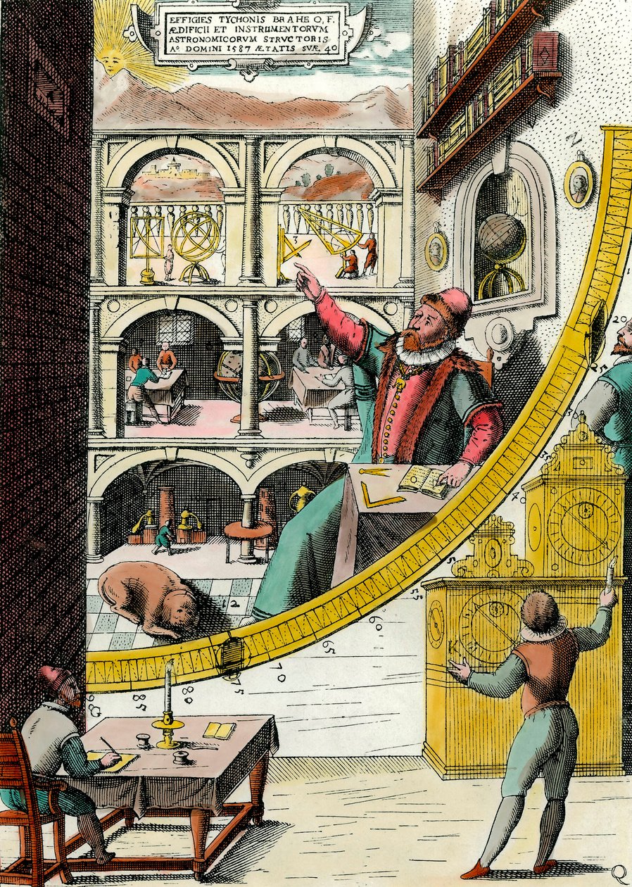 Representação de Tycho Brahe (1546-1601), astrónomo dinamarquês no seu observatório Gravura do "Atlas Major Ssive et cosmographia Blavania labore et sumptibus" de Johannes Blaeu (1598-1673). Século XVII. Paris, Artes Decorativas de Joan Blaeu