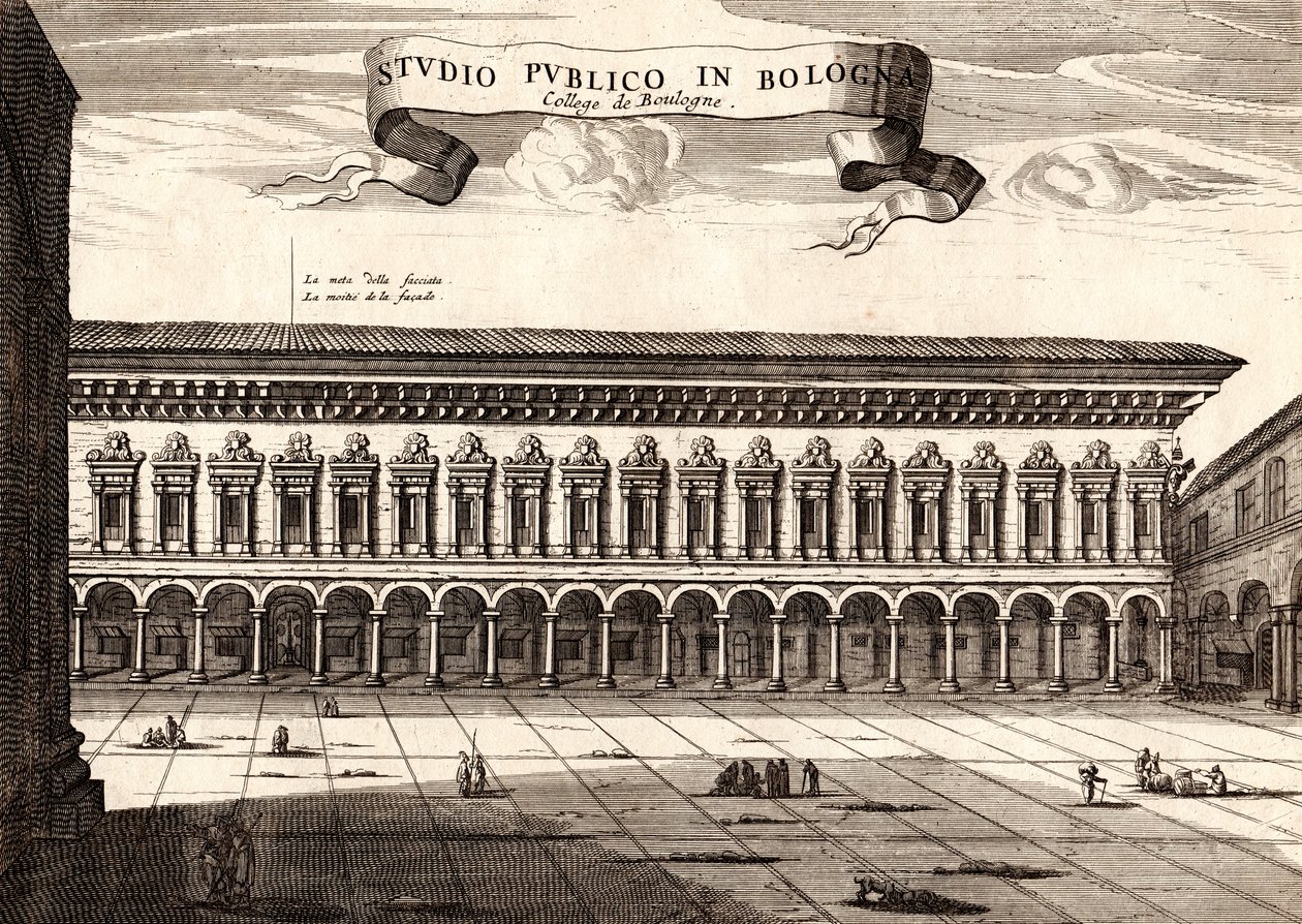 O Palácio Archiginnasio, Bolonha, Emilia-Romagna, Itália, gravura em cobre, cerca de 21x29 cm de Joan Blaeu
