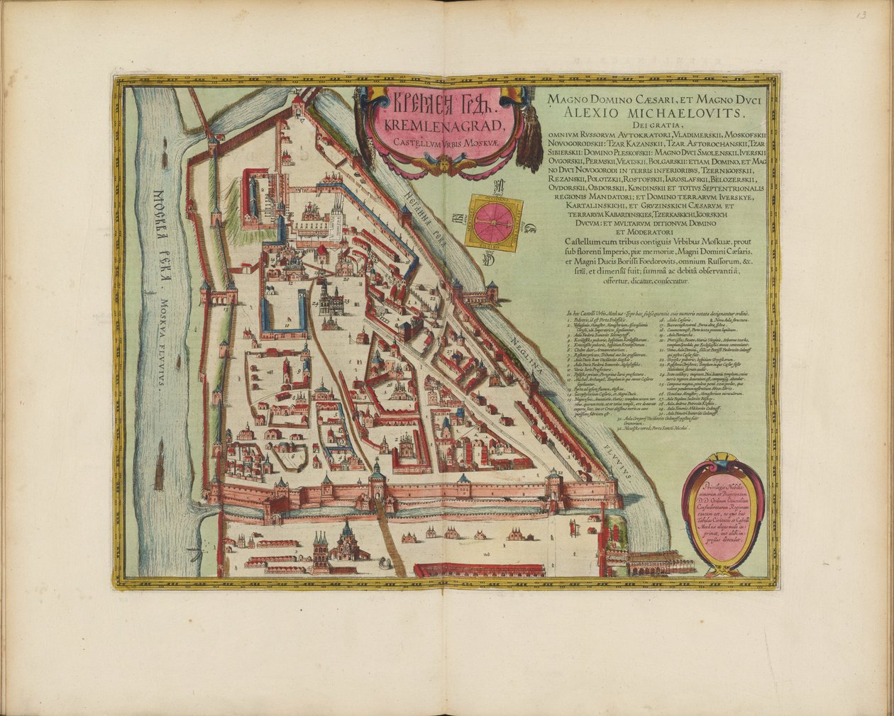 O mapa do Kremlin de Moscou do século 16 Castellum Urbis Moskvae, ca. 1600 de Joan Blaeu