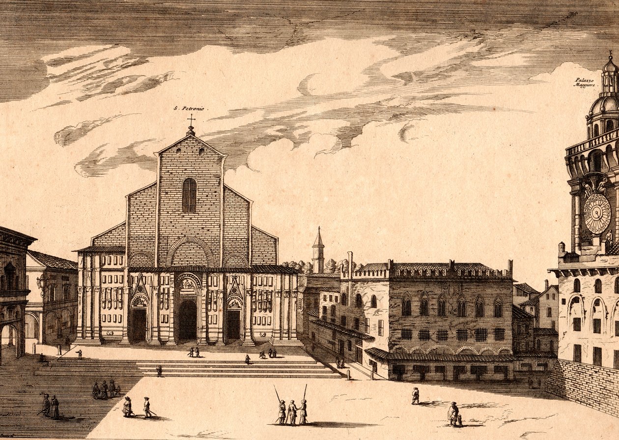 A Basílica de San Petronio na Piazza Maggiore, Bolonha, Emilia-Romagna, Itália, gravura em cobre, cerca de 21x29 cm de Joan Blaeu