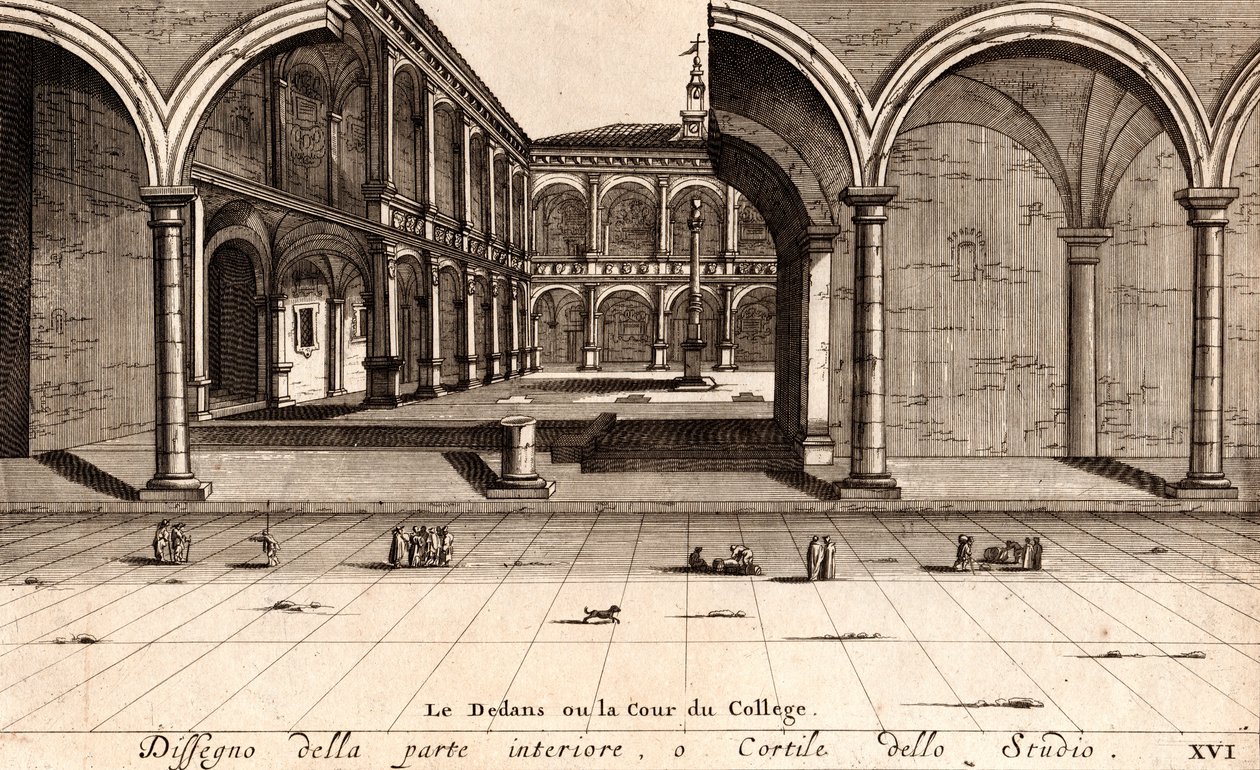 O pátio interior do Palácio Archiginnasio, Bolonha, Emilia-Romagna, Itália, gravura em cobre, cerca de 21x29 cm de Joan Blaeu