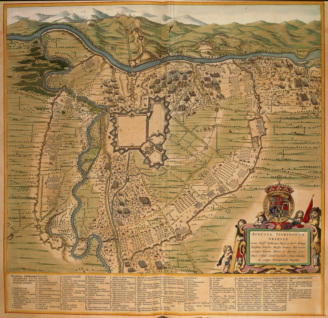 O cerco de Turim em 1639, gravura colorida do Theatrum Sabaudiae de Joan Blaeu, impressa na Itália de Joan Blaeu