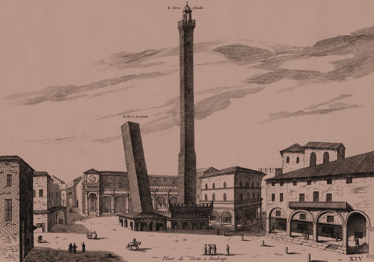 As duas torres (Asinelli e Garisenda), Bolonha, Bologna, Emilia-Romagna, Itália, gravura em cobre, cerca de 21x29 cm de Joan Blaeu