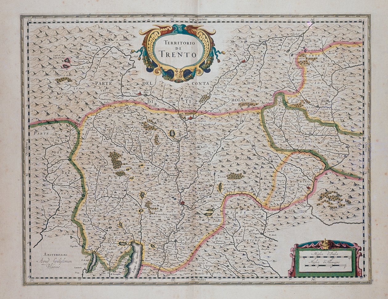 Área Trento, do Teatro do Mundo, ou Novo Atlas de Mapas e Representações de Todas as Regiões (Theatrum orbis terrarum, sive, Atlas novus) por Joan Blaeu (1596-1673), Itália de Joan Blaeu