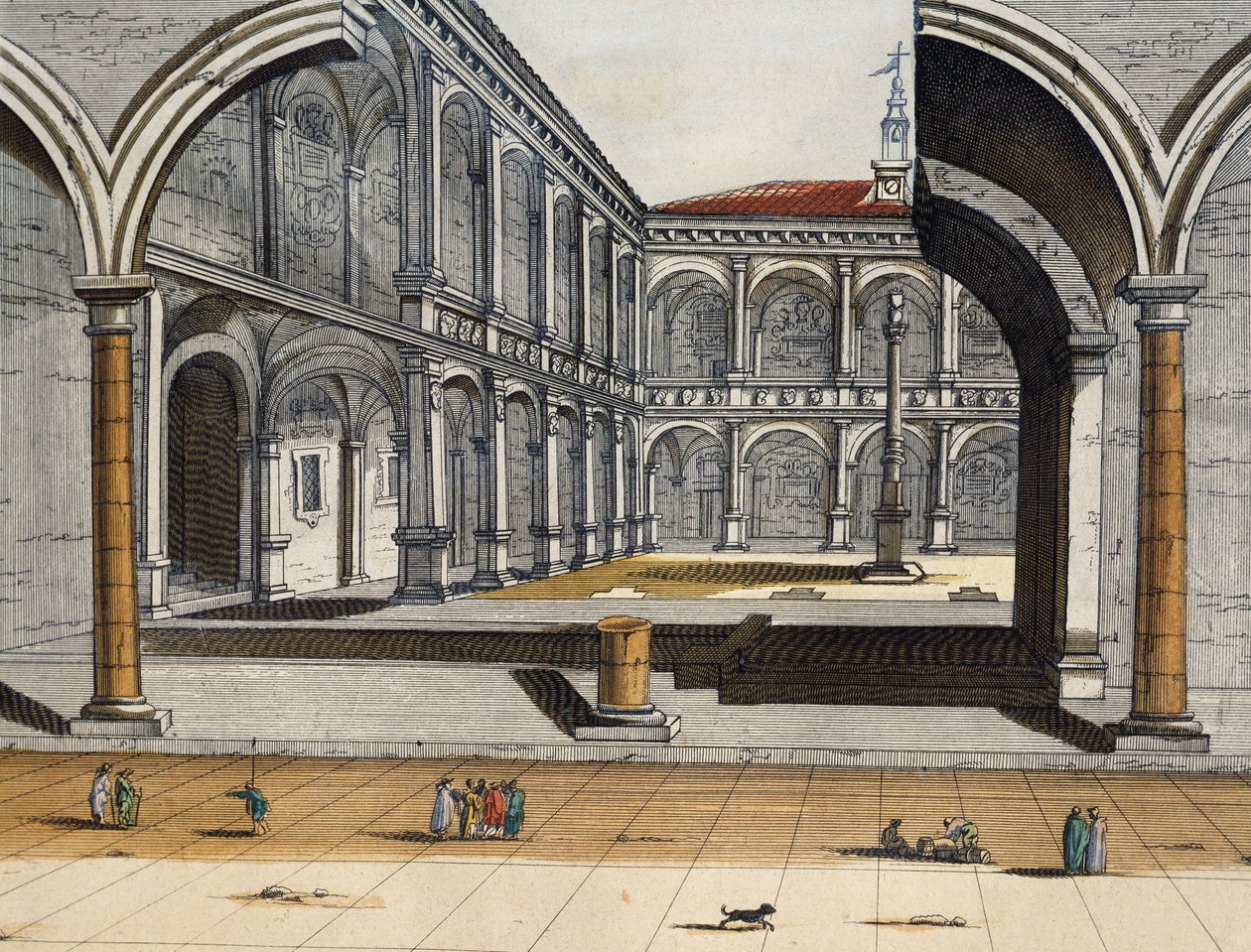 Vista do pátio interno da antiga Universidade de Bolonha, Joan Blaeu, gravura, Itália de Joan Blaeu