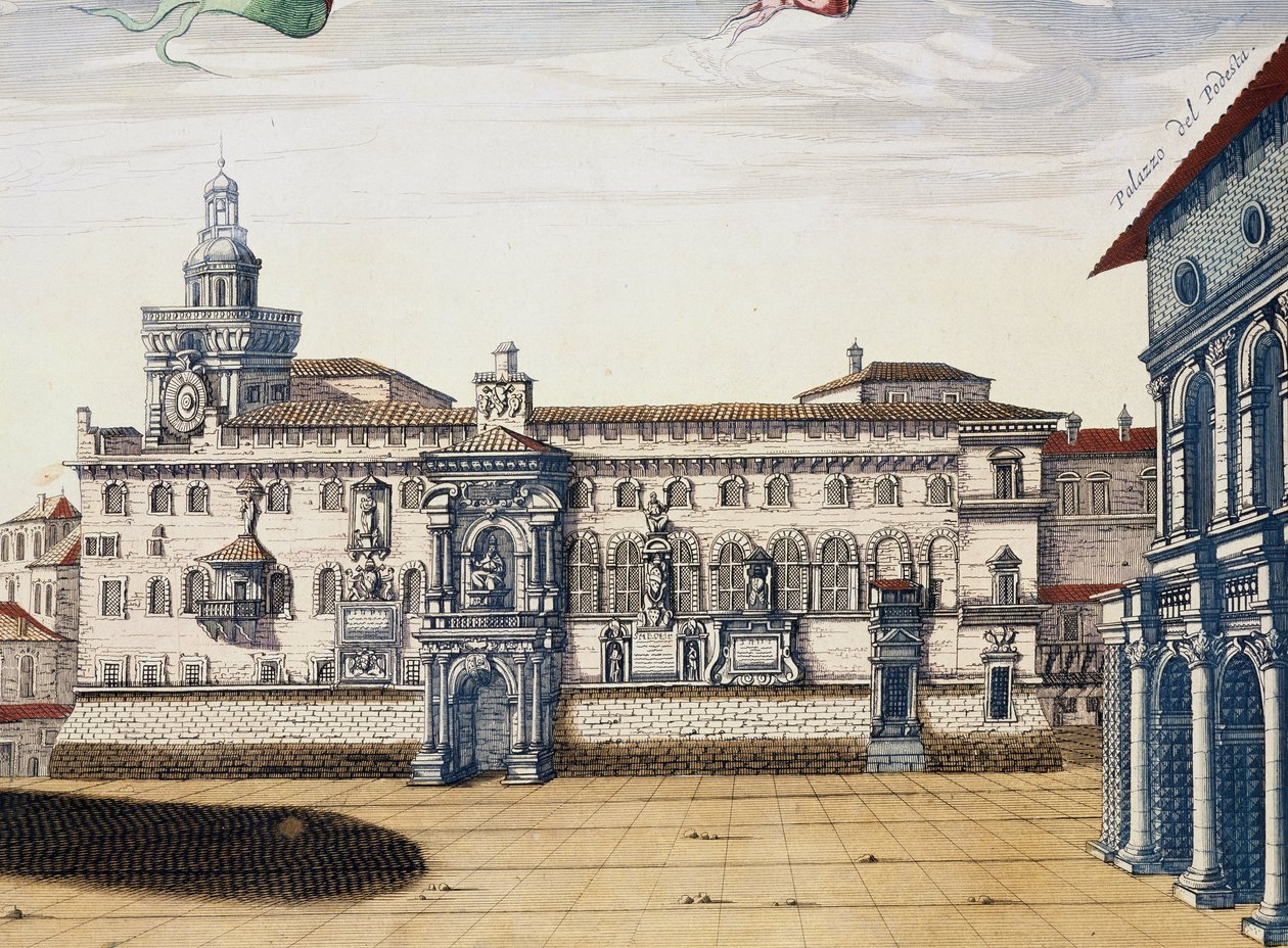 Vista da antiga praça em Bolonha, gravura de Giacomo Lauro e Joan Blaeu do Theatrum civitatum et admirandorum Italiae, publicada em Amsterdão em 1663 de Joan Blaeu