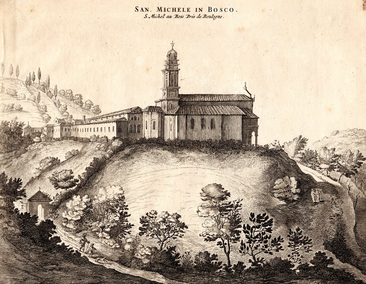 Vista do San Michele no Mosteiro de Bosco, Bolonha, Emilia-Romagna, Itália, gravura em cobre, cerca de 21x29 cm de Joan Blaeu