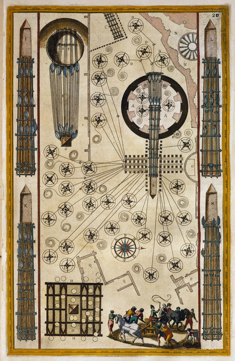 Guinchos para obelisco em movimento, gravura do Theatrum civitatum et admirandorum Italiae, de Joan Baleu (1596-1673) de Joan Blaeu