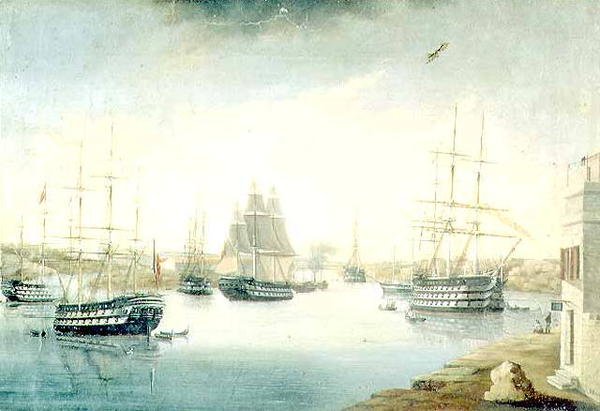 Vista da porta de Mahon, do Fonduco com várias fragatas estrangeiras de Joan Font