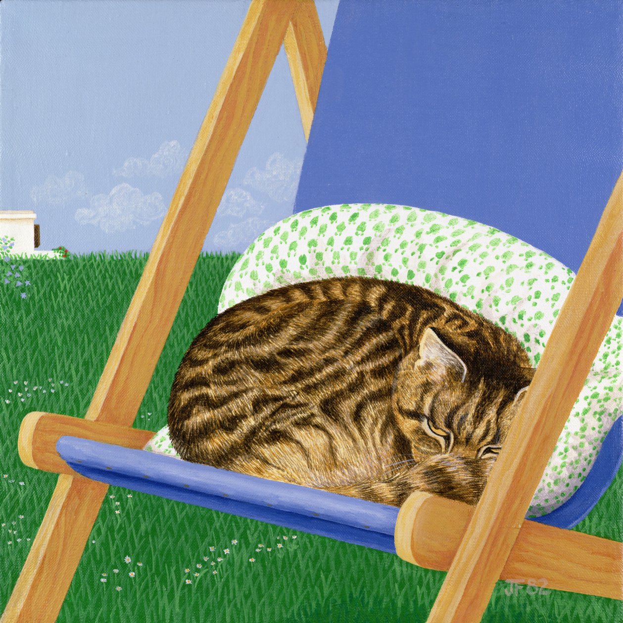 Gato malhado dormindo em uma espreguiçadeira de Joan Freestone