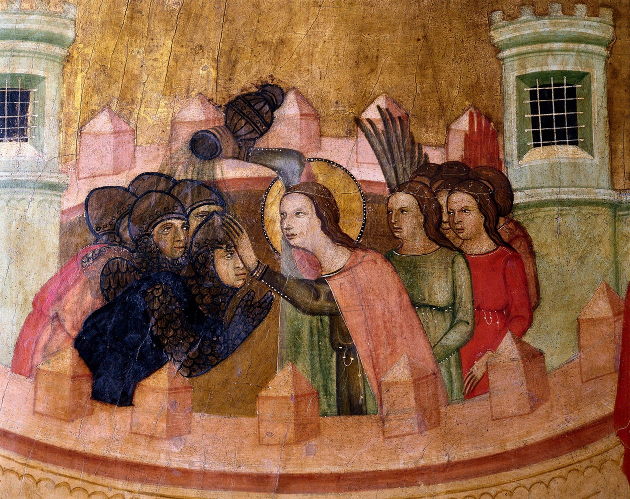 Saint Quiteria baptiza soldados, Altarpiece of Santa Quiteria, c. 1346 (tempera no painel) de Joan Loert