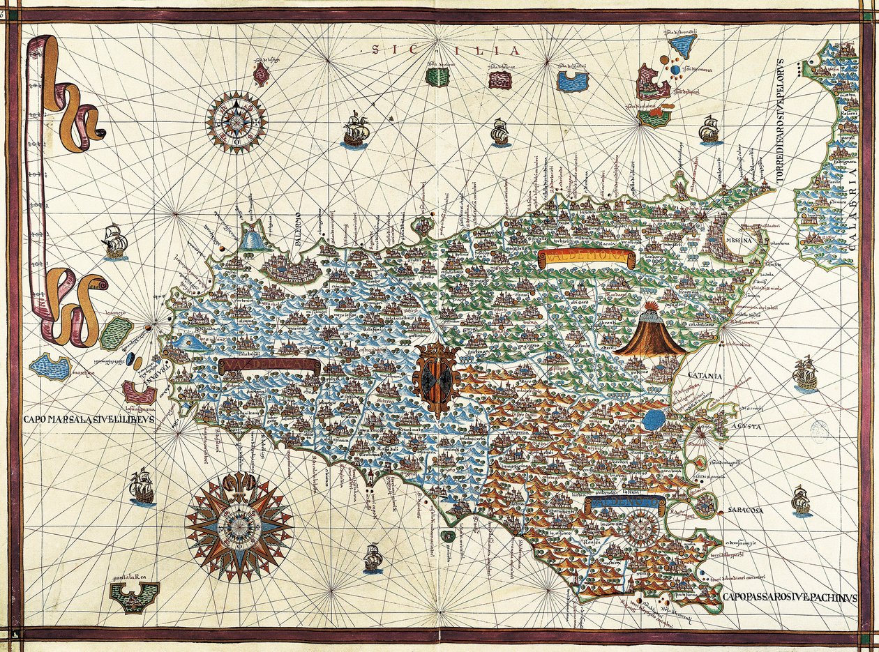 Isle of Sicily. (Sicília) Mapa de navegação de Joan Martines (1556-1591) de Joan Martines