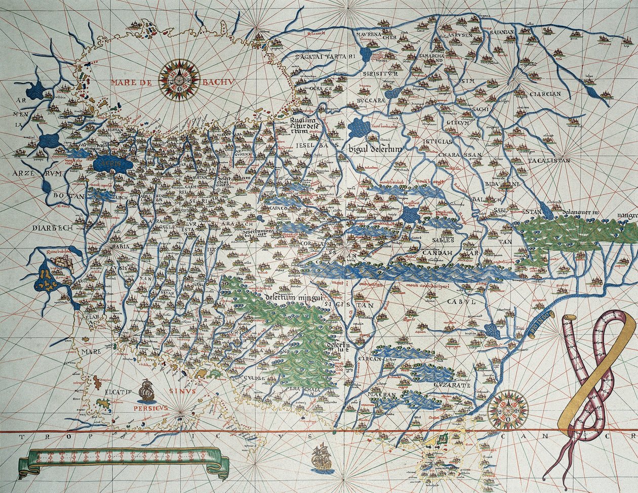 Mapa da Ásia, incluindo Armênia, Irã, Afeganistão, com a subida do vento, detalhes dos portos, costas e rotas marítimas, no Atlas de Joan Martines de Joan Martines