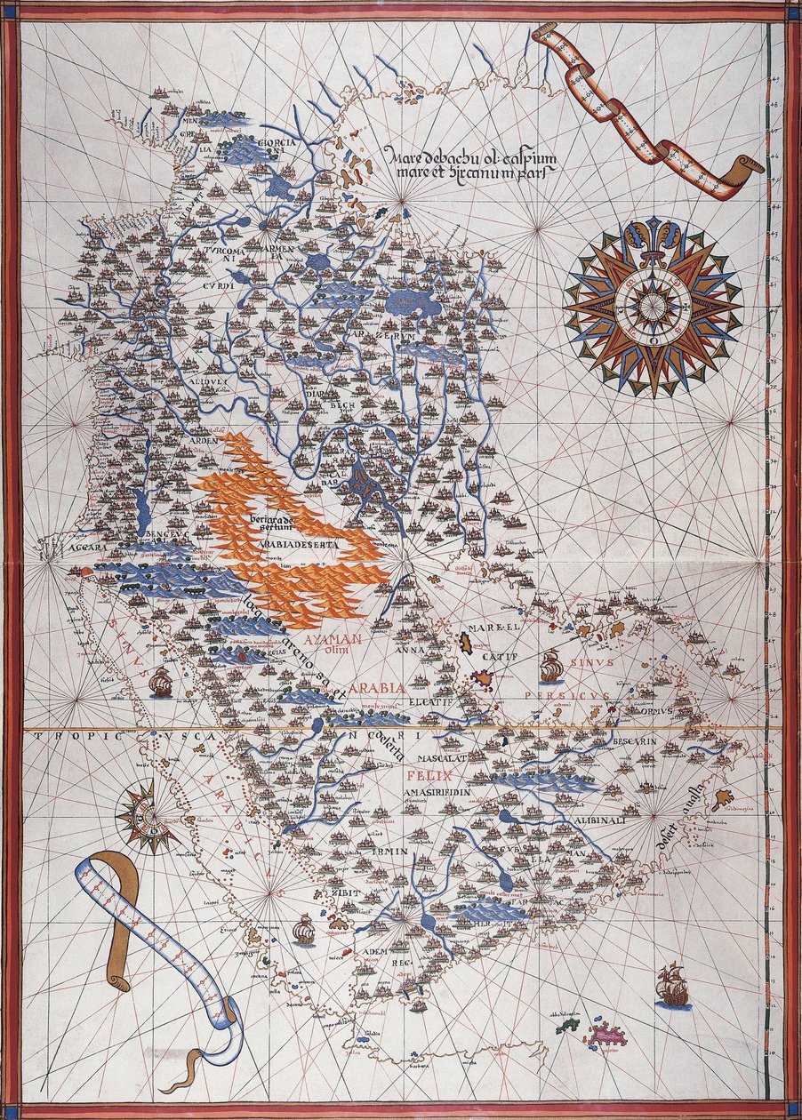 Mapa da Península Arábica, com a rosa dos ventos e detalhes dos portos e costas marítimas, no Atlas de Joan Martines de Joan Martines