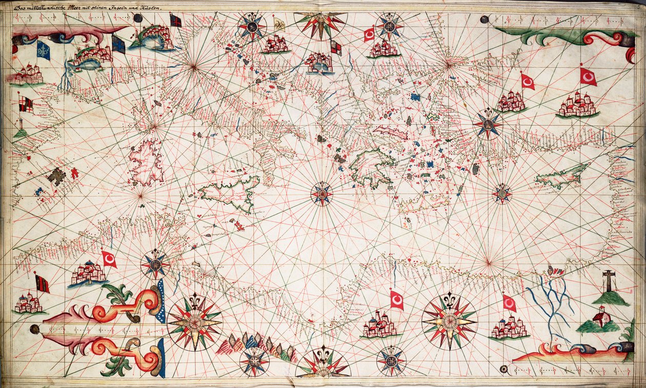 Carta do Mediterrâneo, c.1640 (velino) de Joan Oliva