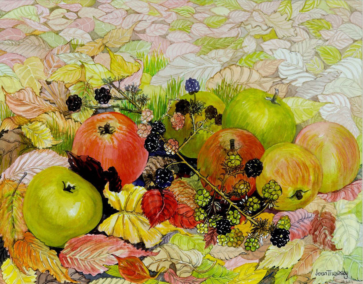 Maçãs e amoras em folhas de outono, 2010, aquarela de Joan Thewsey