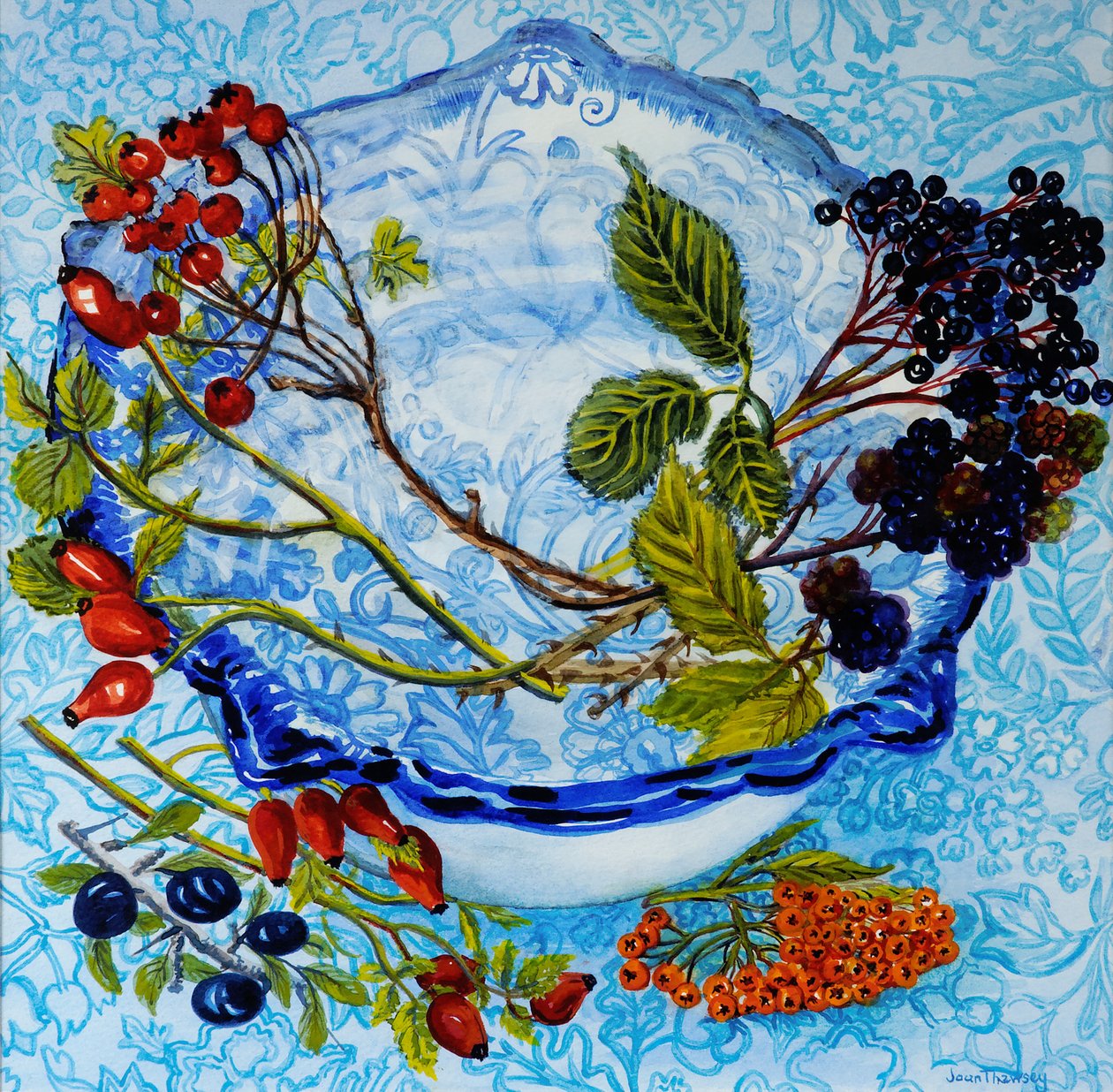 Bacia antiga azul com bagas, 2010, aquarela de Joan Thewsey