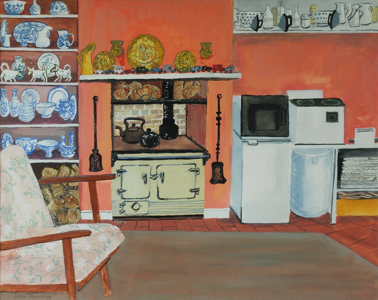 Cottage Cozinha, Red Cottage Studios, Suffolk com Rayburn, 2000, guache de Joan Thewsey