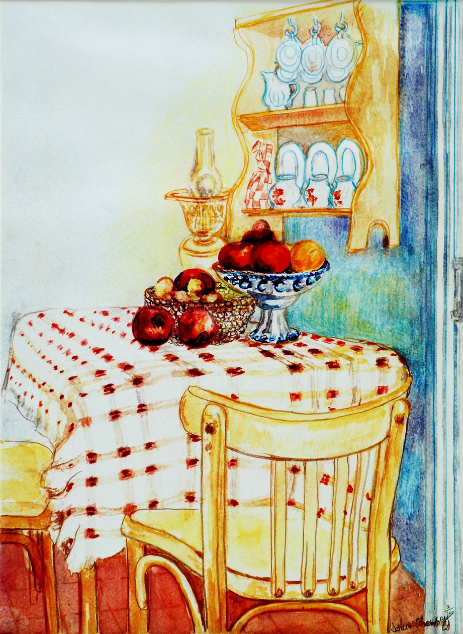 Mesa de Cozinha Cottage com Maçãs, 2005, (cor de água) de Joan Thewsey
