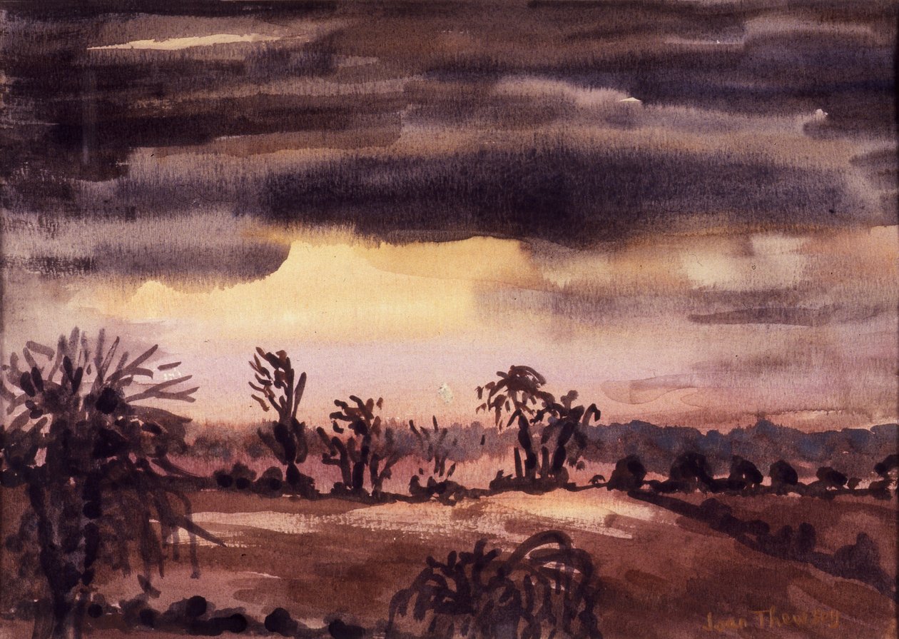 Campos em um anoitecer de inverno, 1992, cor de água sobre papel artesanal de Joan Thewsey