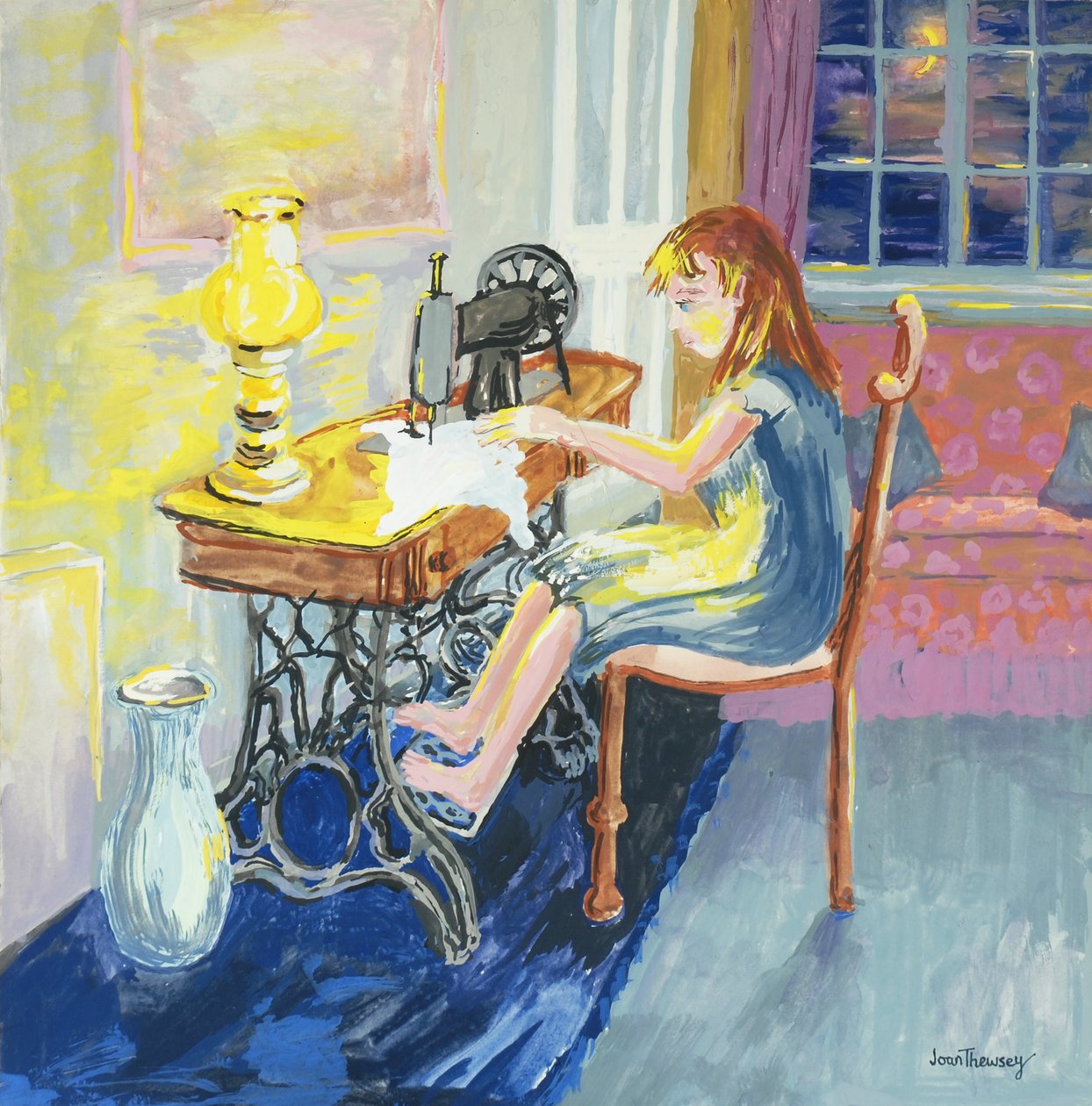 Girl Sewing, 2000, óleo sobre tela de Joan Thewsey