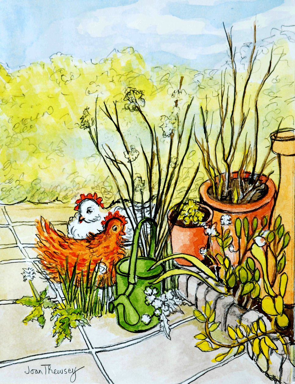 Galinhas e Panelas, Lucy Redman Open Garden, 2000, (lápis com aquarela) de Joan Thewsey