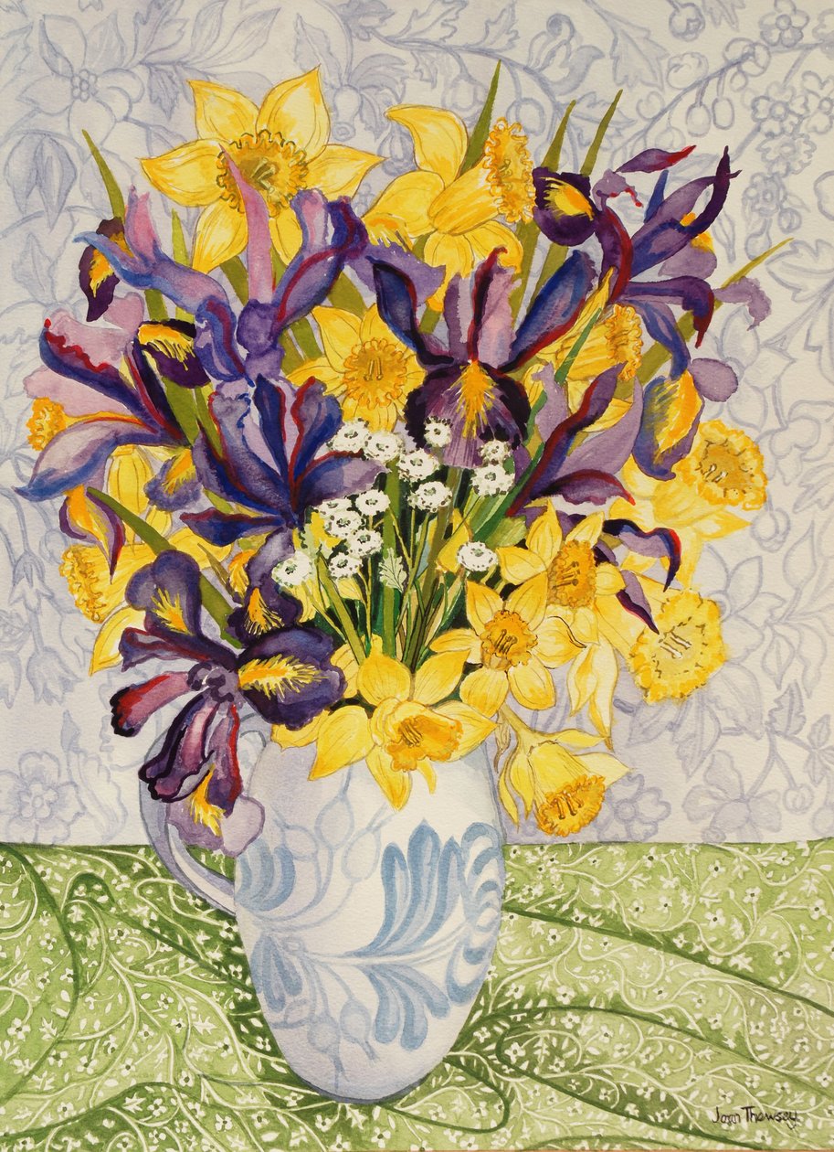 Íris e Narcisos com Estampados, 2008, aguarela sobre papel artesanal de Joan Thewsey