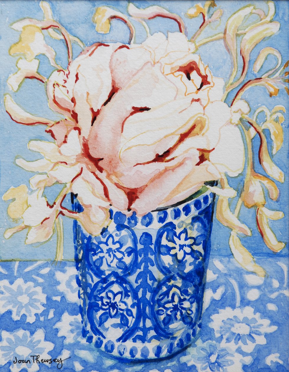 Pink Rose and Honeysuckle, 2000, (wc em papel artesanal) de Joan Thewsey