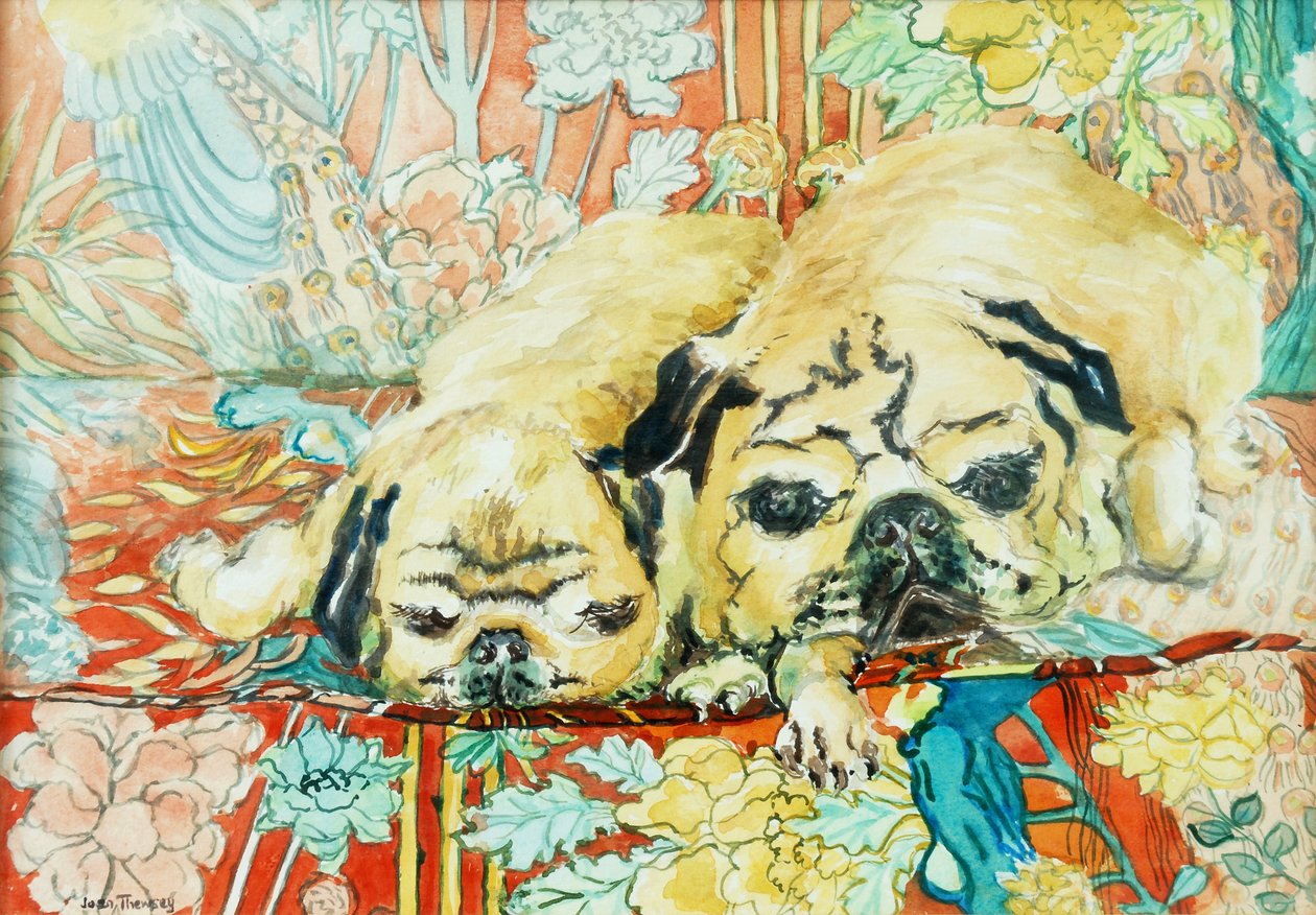 Pugs em um sofá de estampa chinesa, 2000, de Joan Thewsey