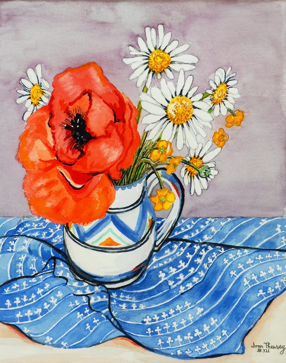 Papoila Oriental Vermelha e Marguerites em um jarro Honiton, 2005, (cor de água) de Joan Thewsey