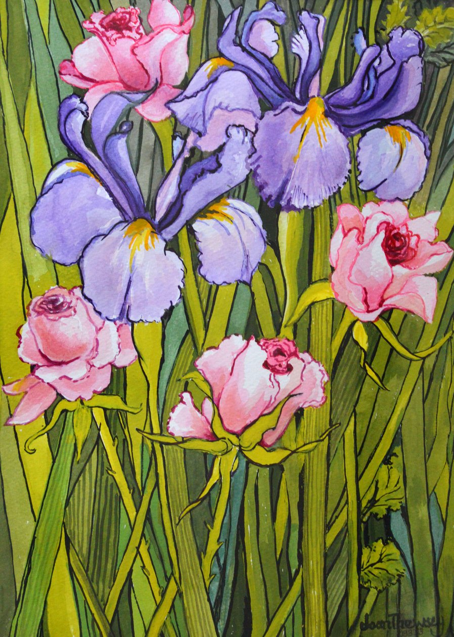 Rosas e íris no jardim, 2003, de Joan Thewsey