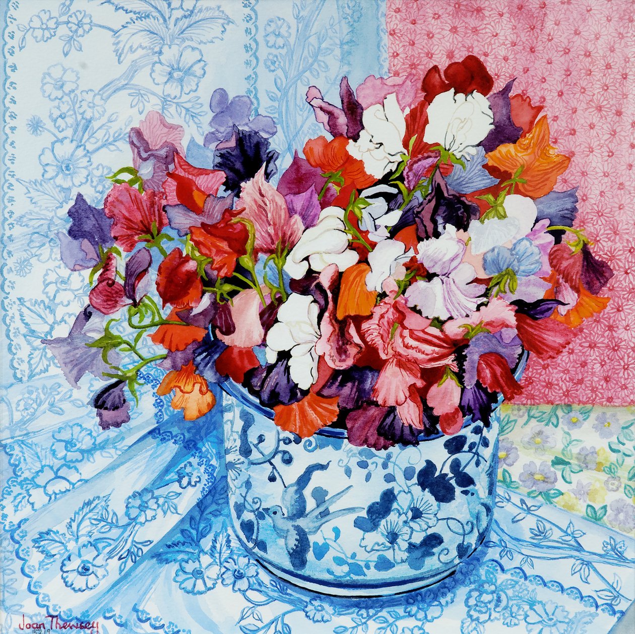 Ervilhas em um pote azul e branco, 2010, aquarela de Joan Thewsey