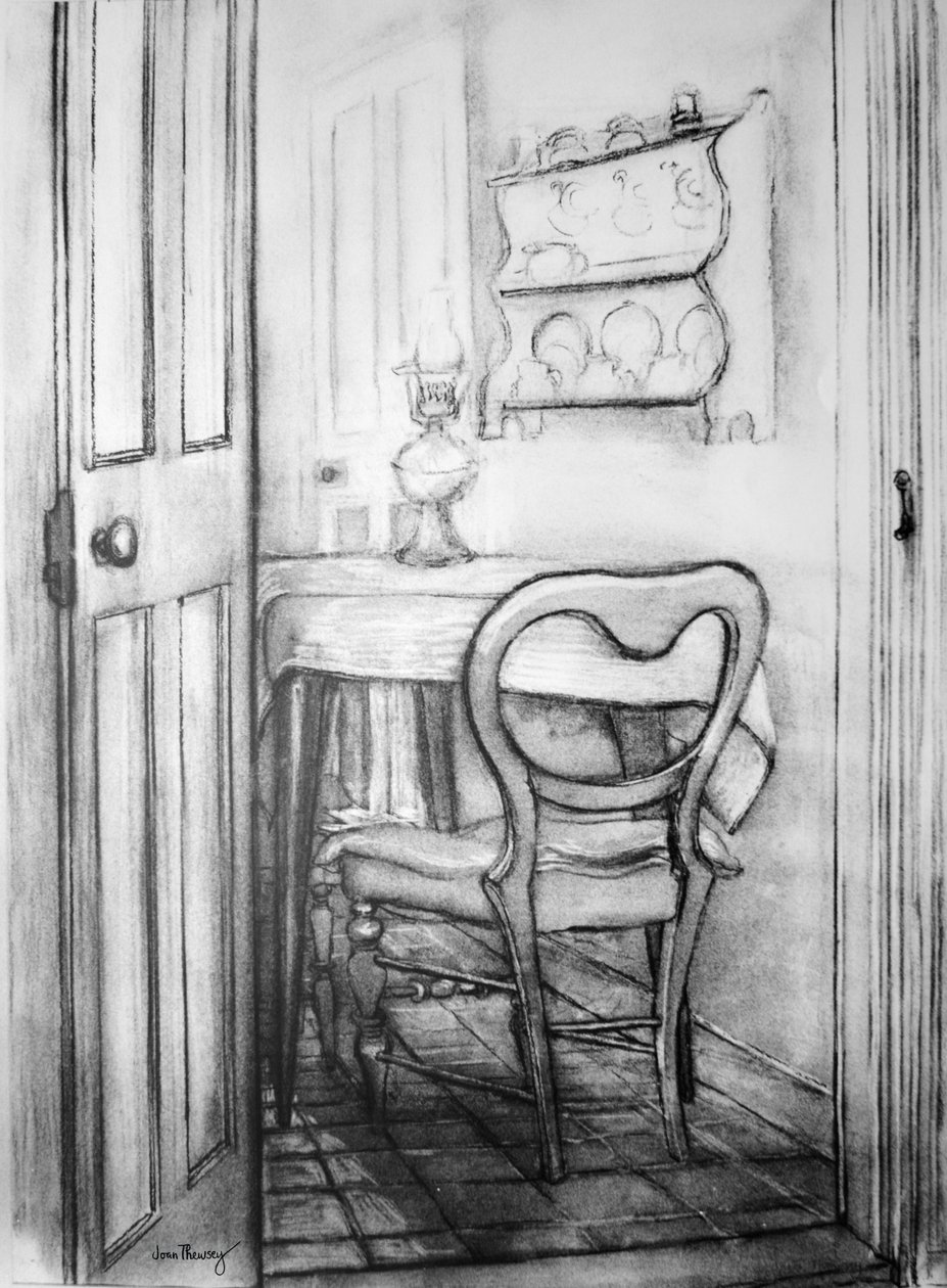 The Cottage Kitchen, 1975 (carvão) de Joan Thewsey