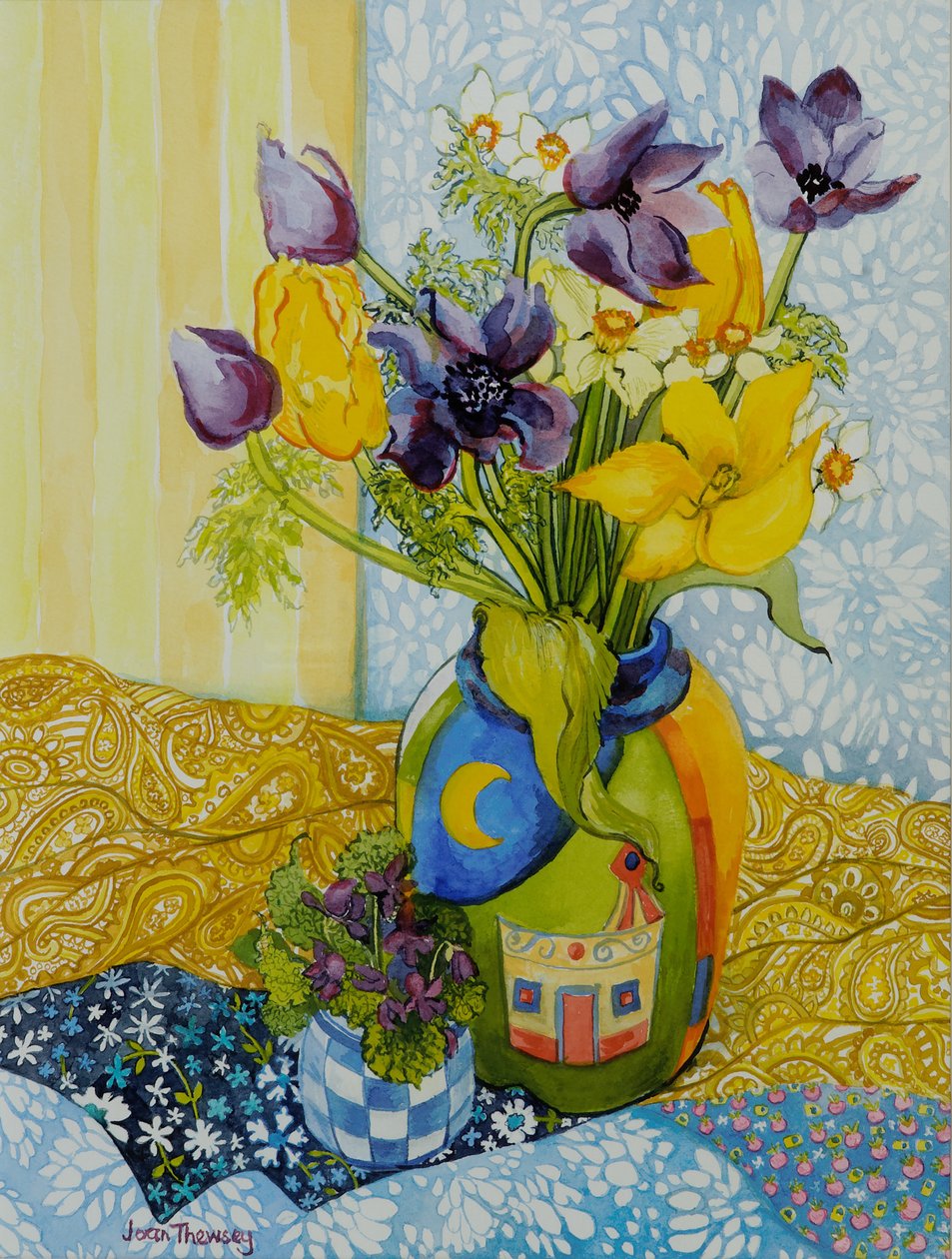 Tulipas e anêmonas com um pote de violetas, 2010, aquarela de Joan Thewsey