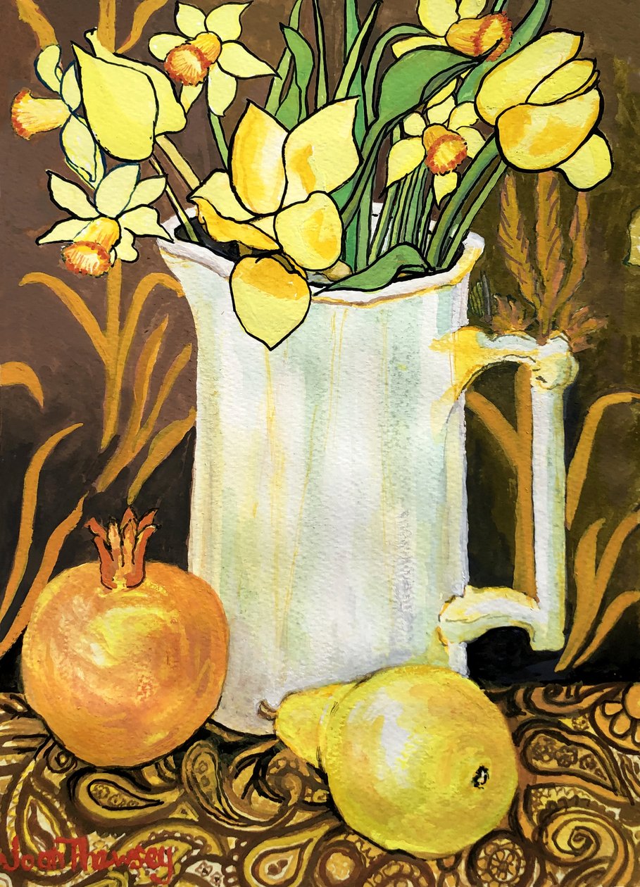 Tulipas e Daffodils em White Jug, com tecidos, romã e pêra (aguarela) de Joan Thewsey