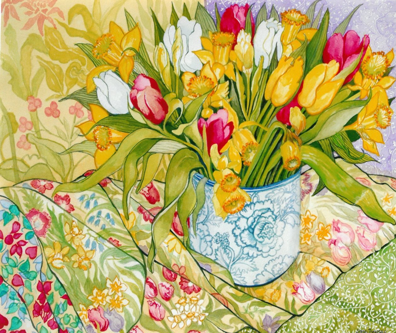 Tulipas e Narcisos com Tecidos Estampados, 2000, (cor de água) de Joan Thewsey