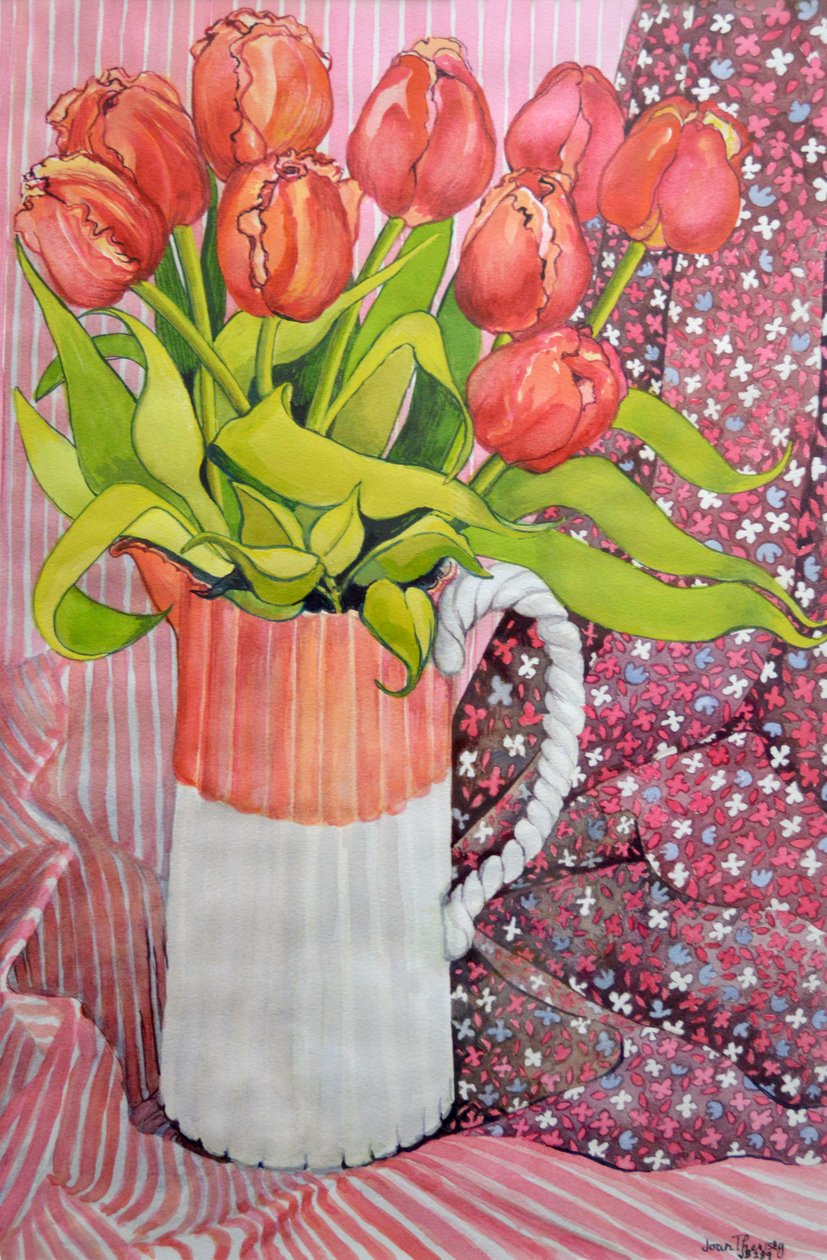 Tulipas em um jarro de rosa e branco, 2005 de Joan Thewsey