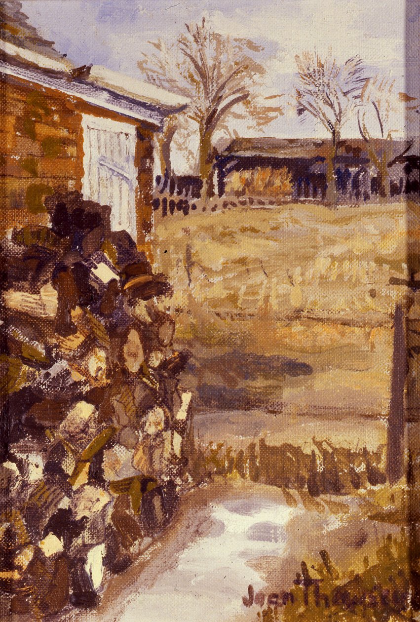 Vista da janela Cottage, Logs armazenados para o inverno, 1987, óleo na placa de lona de Joan Thewsey