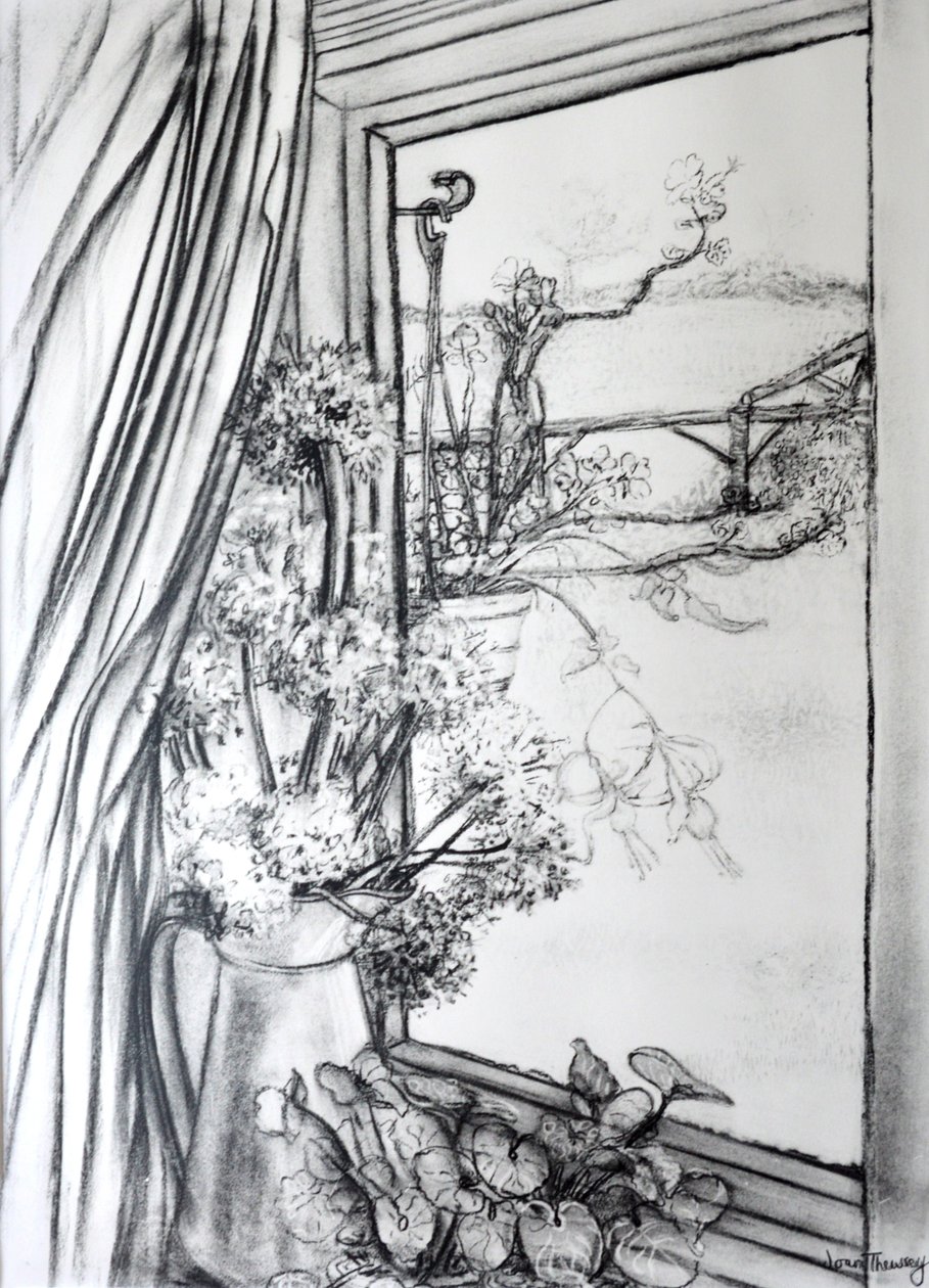 Vista através da janela da casa de campo, 1970 (carvão vegetal) de Joan Thewsey