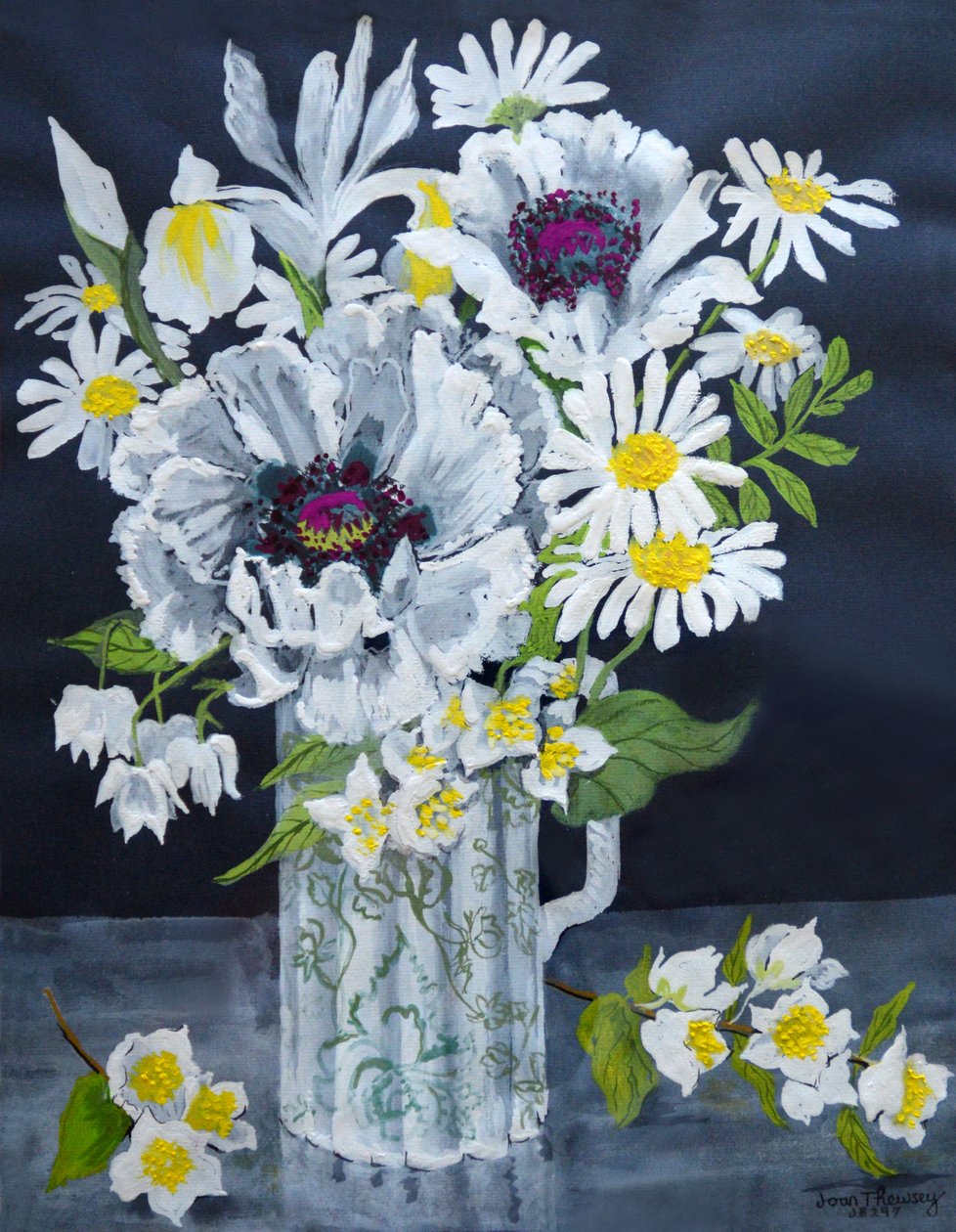 Papoulas Brancas, Marguerites e Filadelfo, (guache) de Joan Thewsey