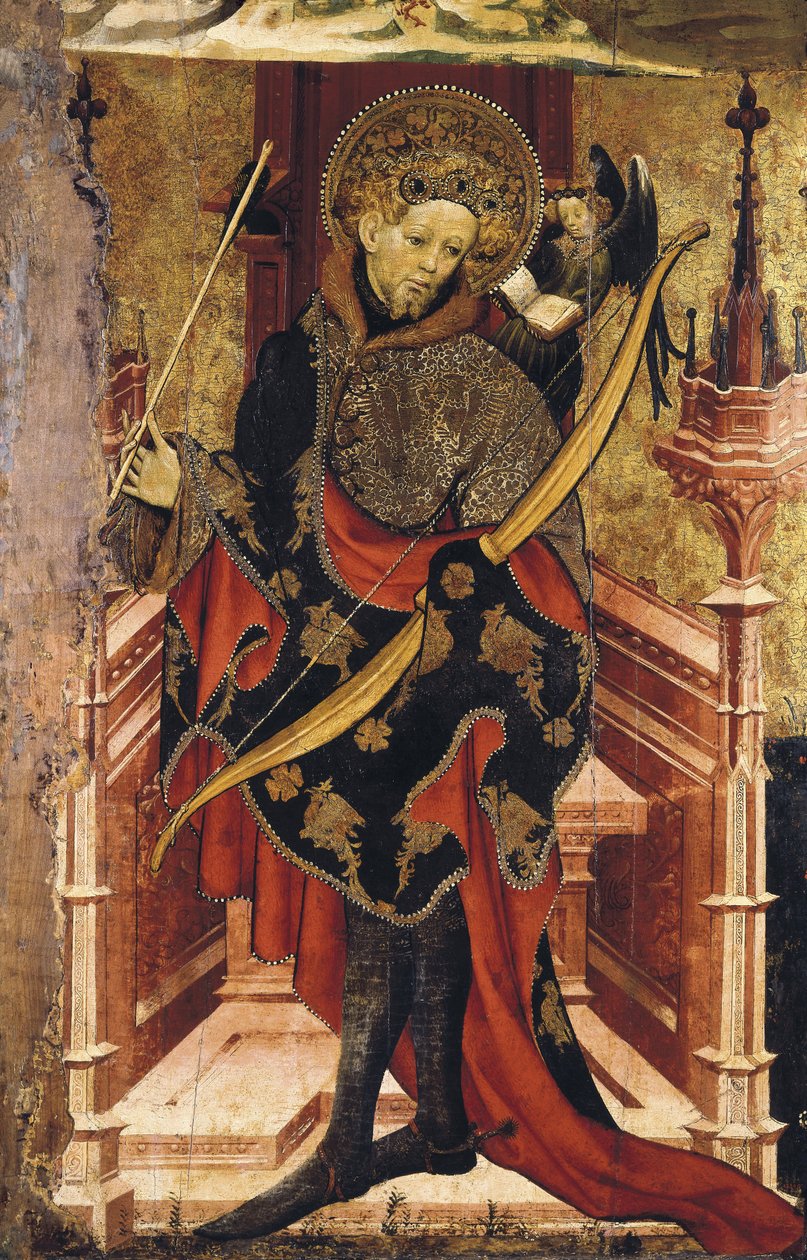São Sebastião e Crucificação. c.1417-25 (tempera sobre madeira) de Joan or Juan Mates